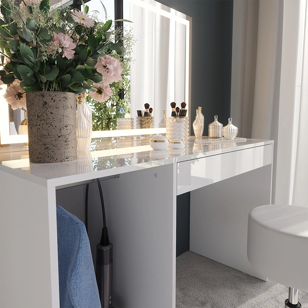 Vicco Tavolo da toeletta Bianco/bianco lucido 119.8 cm con illuminazione a LED e sgabello