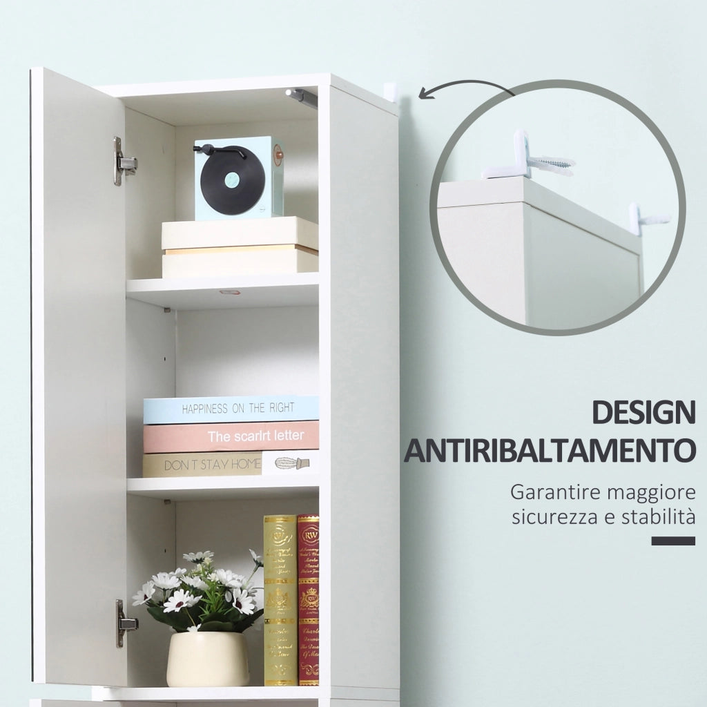 Mobile Colonna Bagno in Legno a 5 Ripiani con Anta a Specchio Apribile, 32x28x162 cm, Bianco