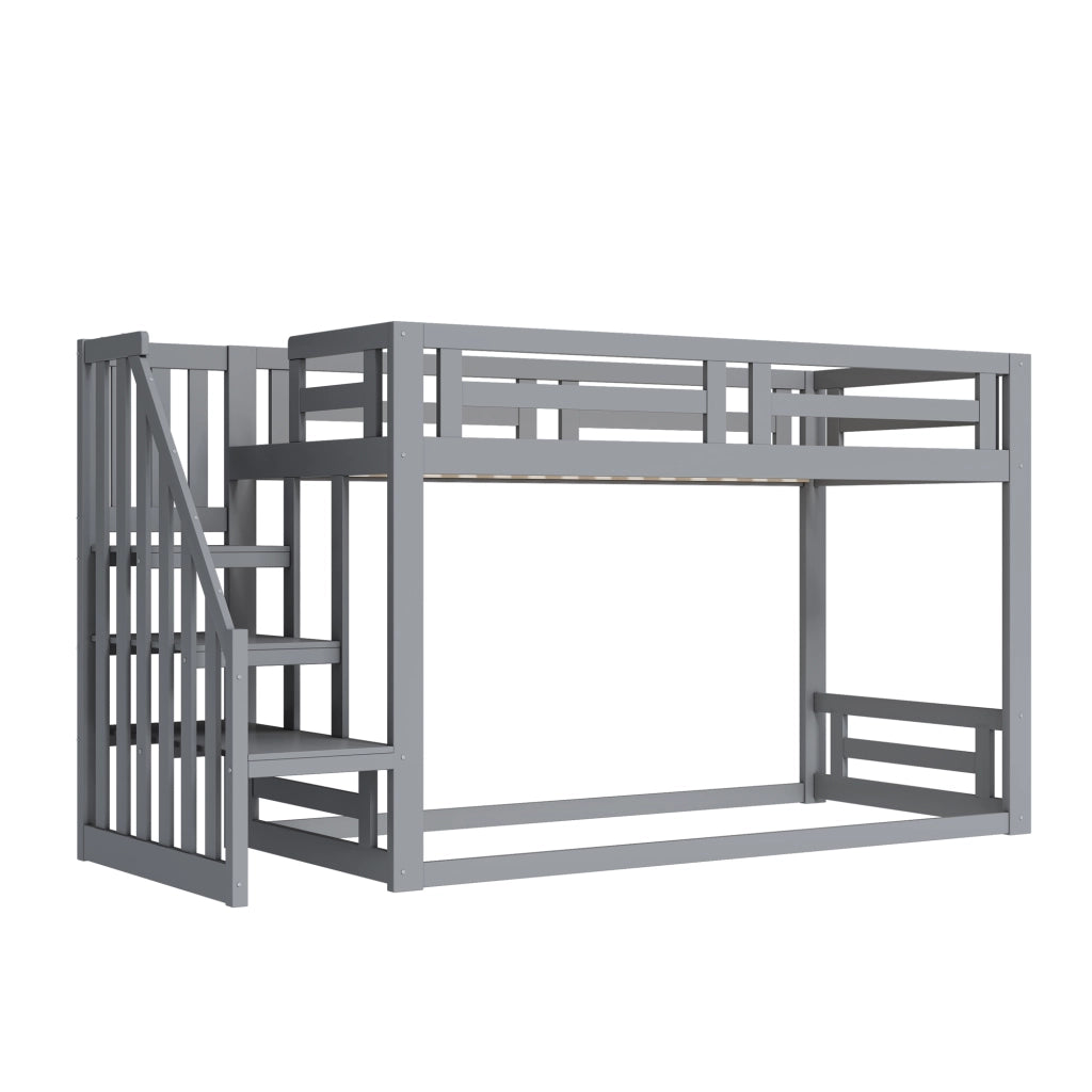 Letto a castello basso per bambini 90×200 cm con scala e ripiani; senza materasso; legno; grigio