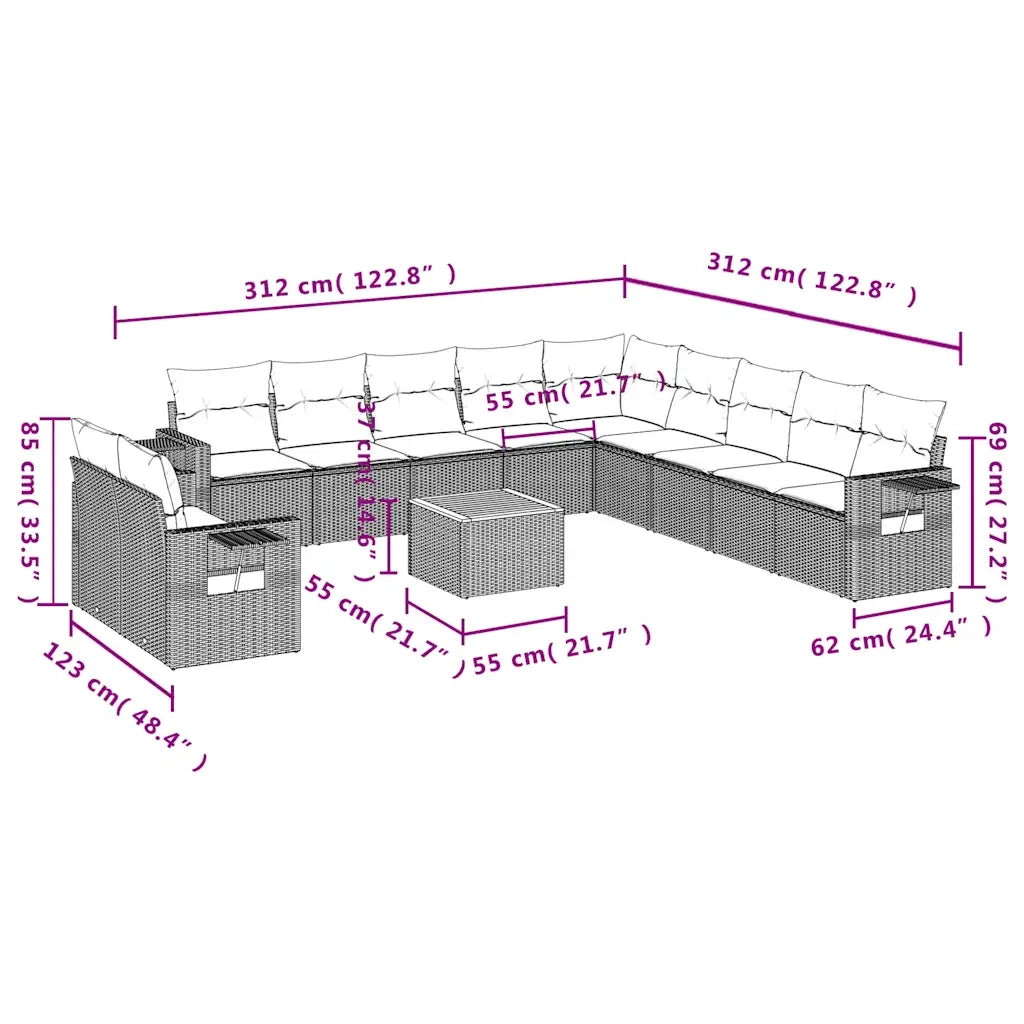 Set Divani da Giardino 12 pz con Cuscini Nero in Polyrattan 3224643