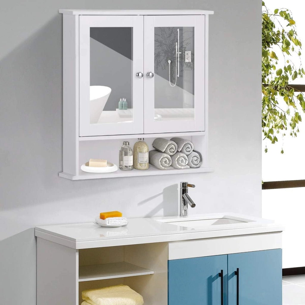 Armadietto da Bagno con Specchio, Armadietto da Parete con Ripiano Regolabile, Mobile da Parete per Bagno, 56 x 12,5 x 58 cm (Bianco)
