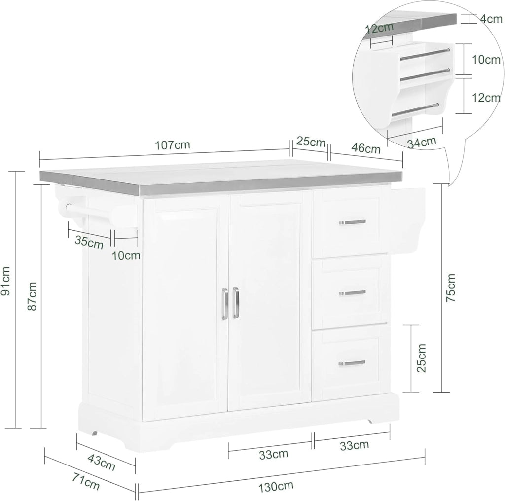 isola cucina piano lavoro in acciaio inox anti-impronta carrello da cucina con ruote mobile cucina con 3 cassetti Bianco 130x91x(46-71) cm FKW41-ST