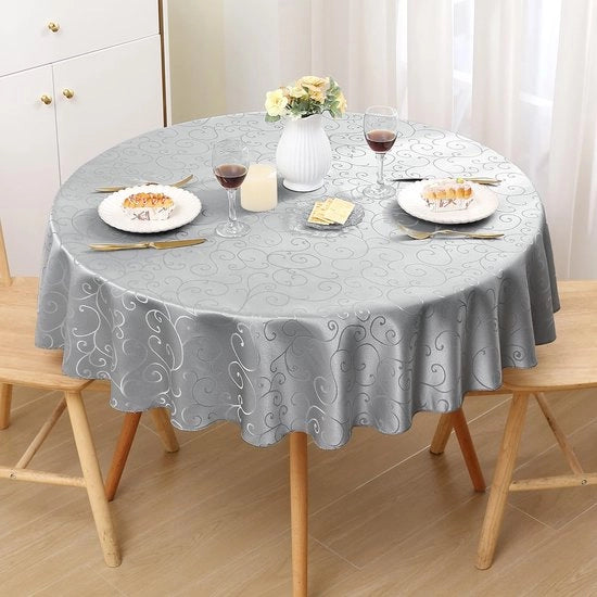Tavolo con tovaglia rotonda da tavolo in poliestere, 120cm, con motivi jacquard, tovaglia da tavolo con decorazioni, resistente alla sporcizia, facile da pulire, grigio