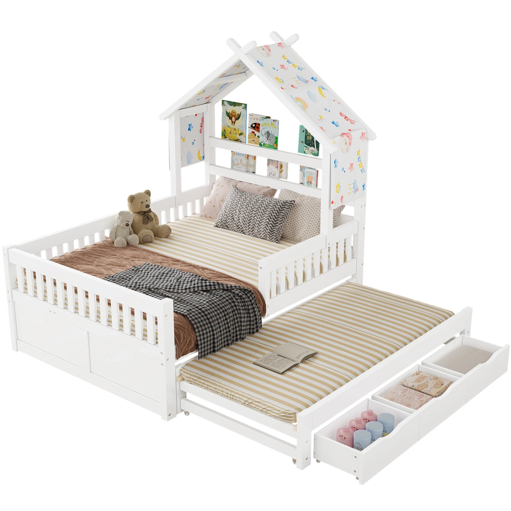 Letto a casetta 140 x 200 cm con letto estraibile; 3 cassetti e sponde di sicurezza; bianco