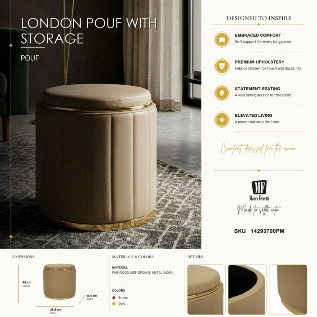 Pouf contenitore London in ecopelle marrone e metallo oro