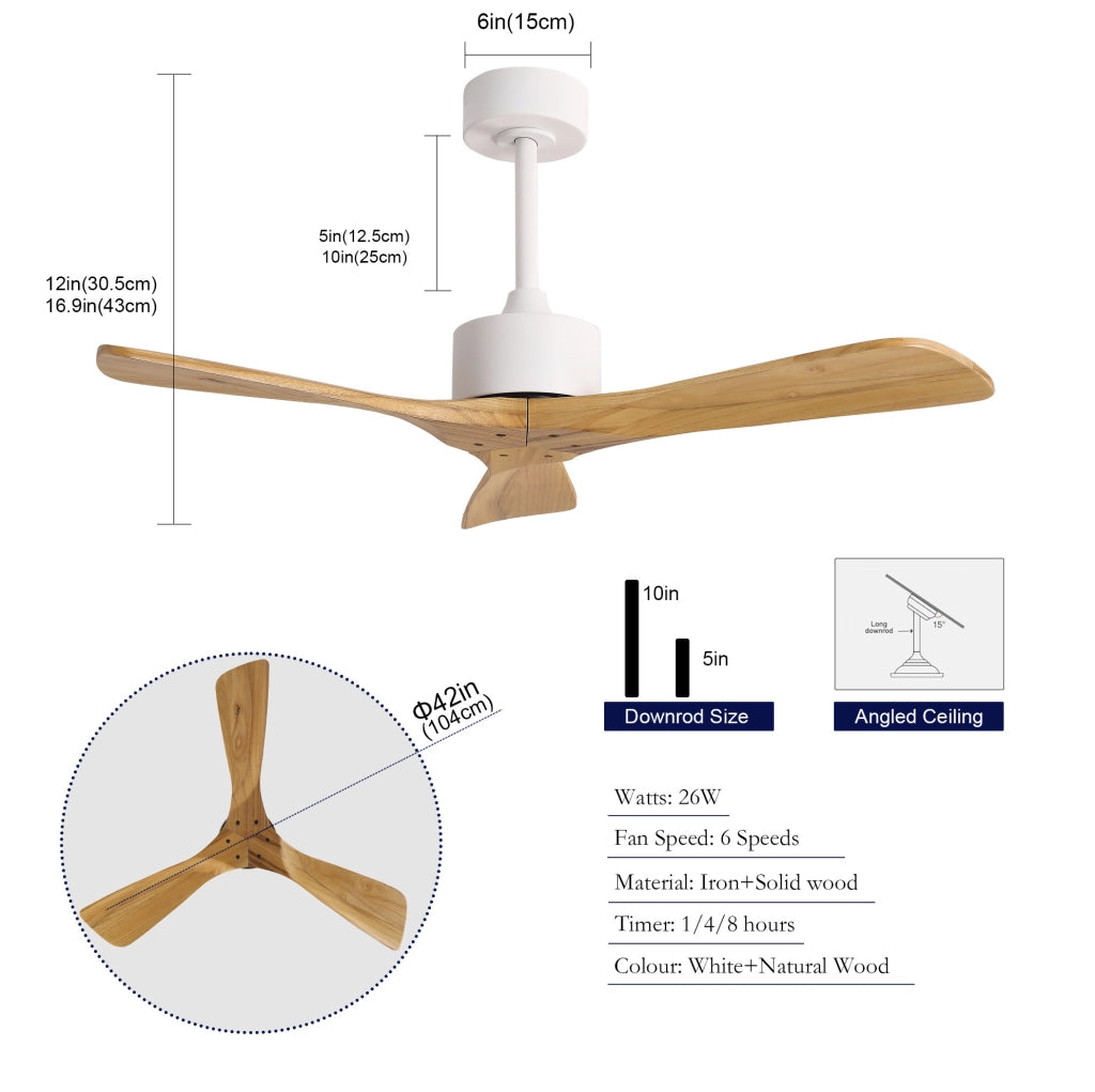 Ventilatore da soffitto 42 pollici senza luce con 3 pale in legno massello; naturale e bianco