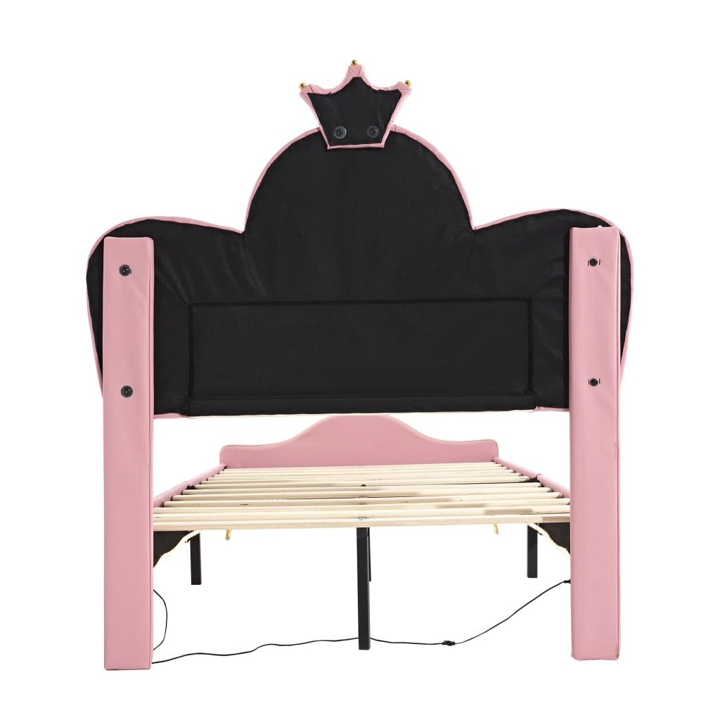 DESMIU Letto per bambini 1 posto con LED e bordi imbottiti 90 × 200 cm, senza materasso, in PU, rosa e bianco