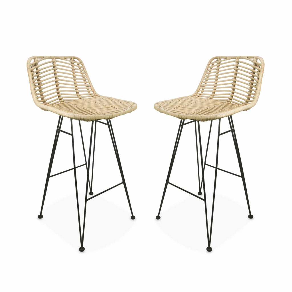 Set di 2 sgabelli da bar in metallo e rattan, 67cm, beige