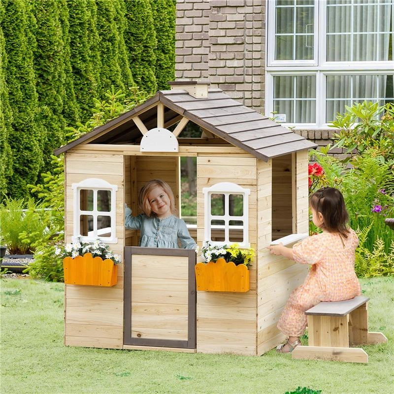 CASETTA BIMBI 3-7 ANNI A 2 FINESTRE CON PORTAVASI E PANCHINA, IN LEGNO DI ABETE E PP, 113LX94X134.5 CM