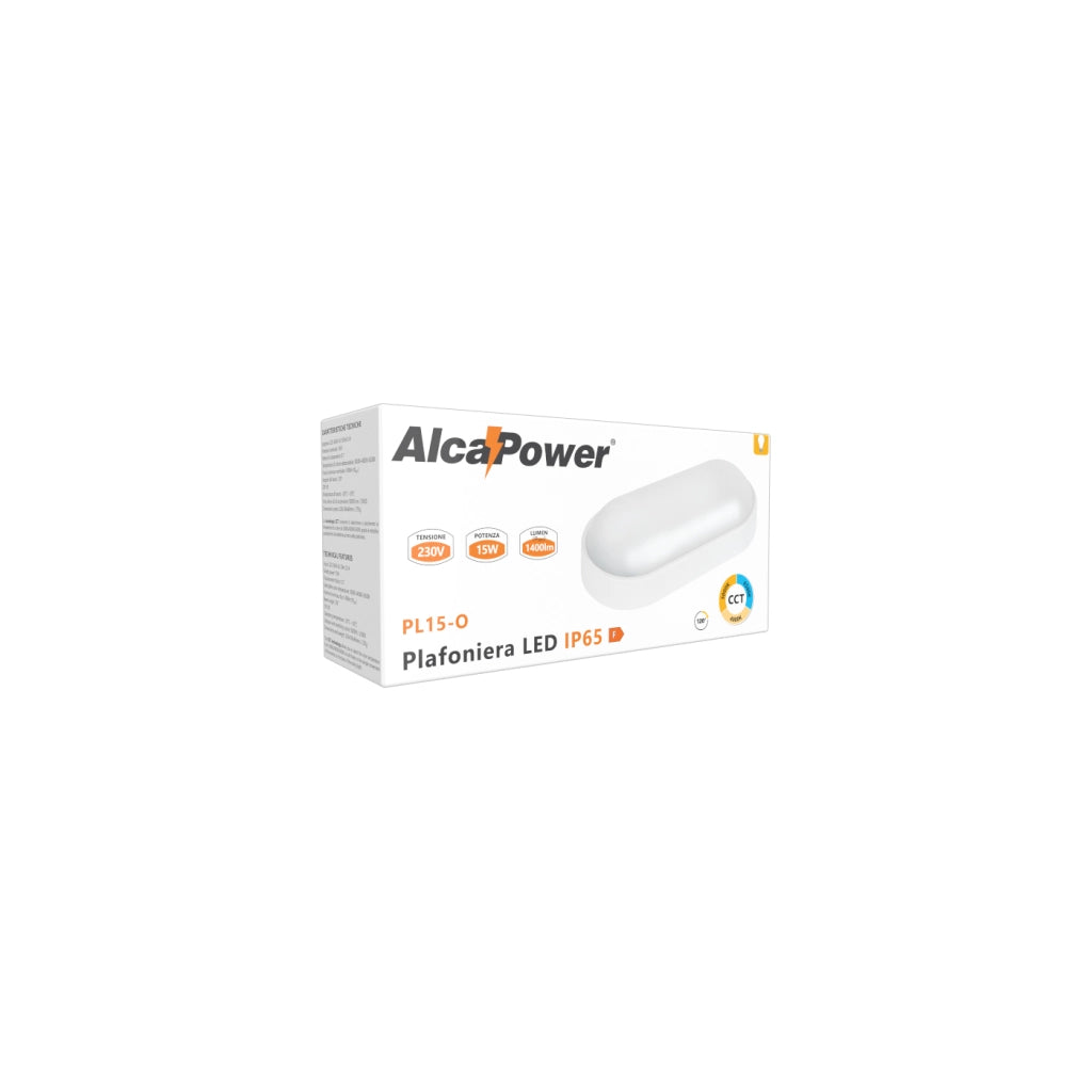Alcapower Plafoniera LED Ovale 15W IP65 con Temperatura di Colore Selezionabile 3000K 4000K 6500K, Classe II, Alta Efficienza e Lunga Durata