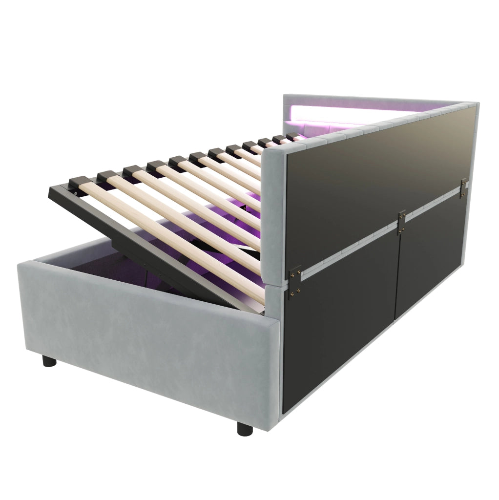 Letto imbottito con LED e contenitore idraulico 90x200 cm in velluto grigio