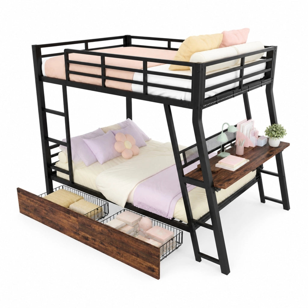 Letto a soppalco 140x200 cm in metallo e MDF; con scrivania; LED; cassetti; nero