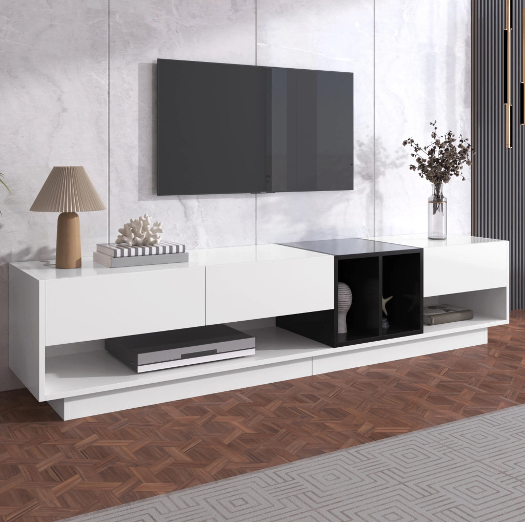 Mobile TV Lowboard in MDF con finitura lucida bianco e nero, 190x40x42 cm, con cassetti e scomparti