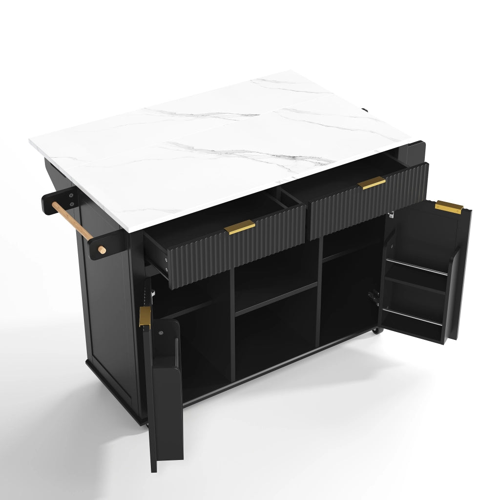 Isola da cucina su ruote 143 x 45/69 cm con piano ribaltabile, 2 cassetti, 2 ante e porta-spezie, finitura Nero/Naturale
