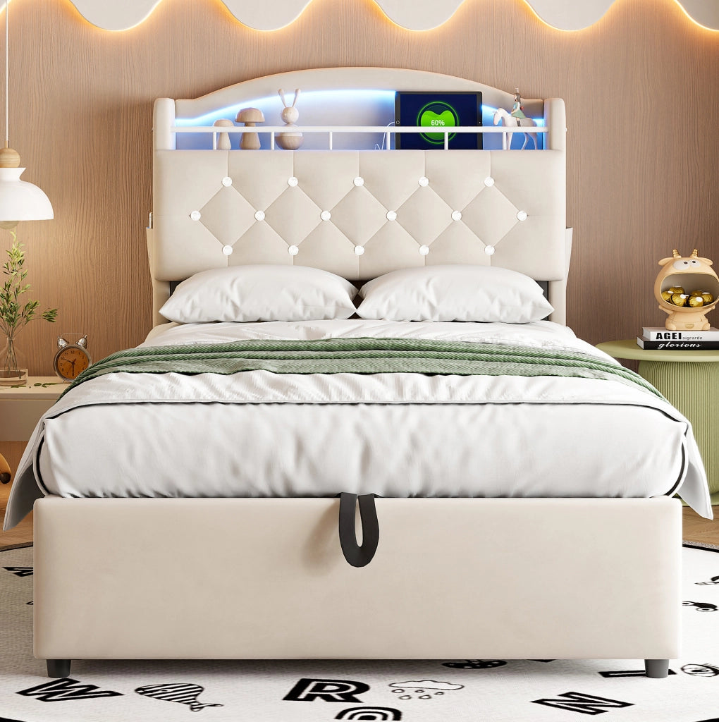 Letto imbottito per bambini 90x200 cm in velluto beige con LED; USB e vano contenitore