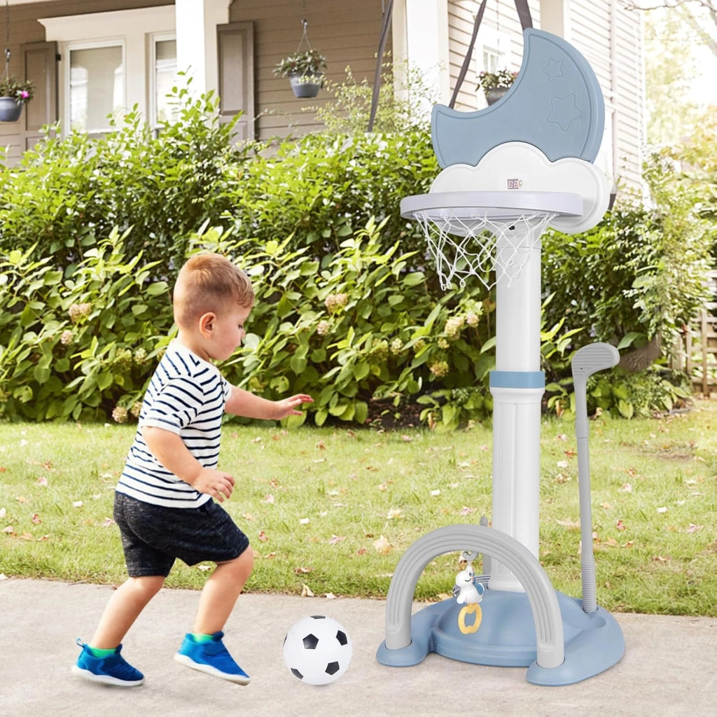 4 in 1 Canestro da Basket per Bambini, Centro di Attività Sportiva Regolabile con Basket Calcio Golf e Gioco del Lancio dell'Anello, per Interno ed Esterno, 3 Anni+ (Blu)