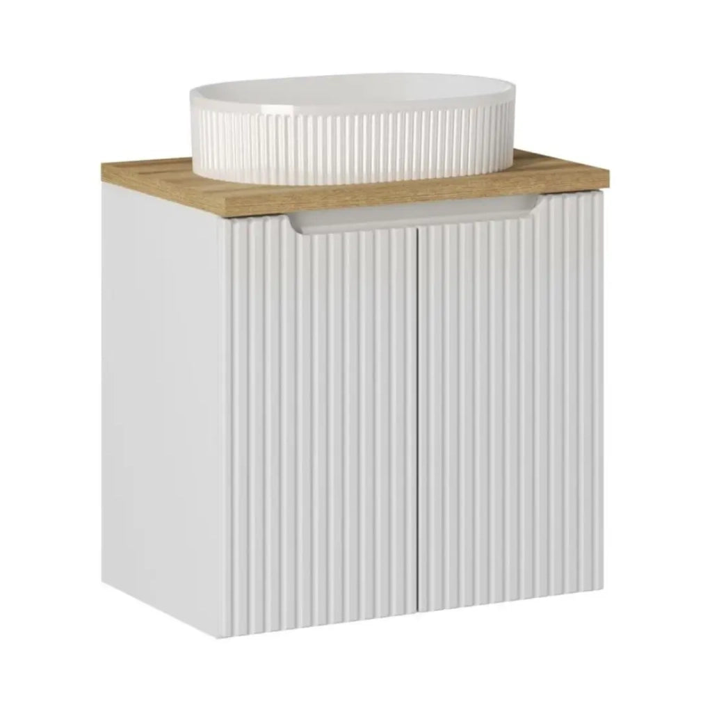 Insieme VANO bianco 60cm: mobile sotto lavabo con armadietti + piano per lavabo in rovere chiaro + lavabo da appoggio scanalato bianco