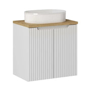 Insieme VANO bianco 60cm: mobile sotto lavabo con armadietti + piano per lavabo in rovere chiaro + lavabo da appoggio scanalato bianco