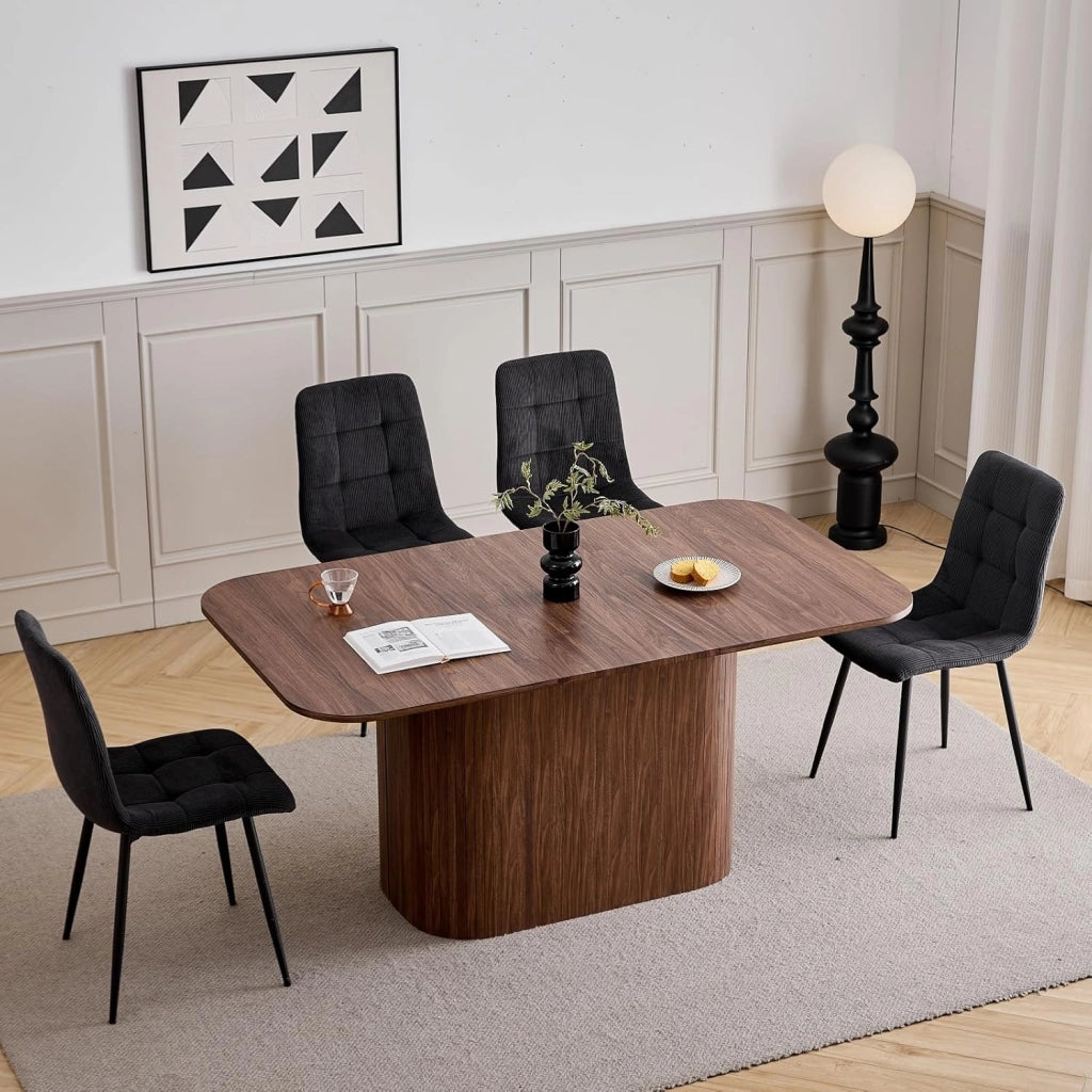GrandCA HOME Set da Pranzo 6 Sedie in Velluto a Coste Nero e un Tavolo Rettangolare 160x90 — Ideale per Cucine e Soggiorni (Impiallacciatura di Noce)
