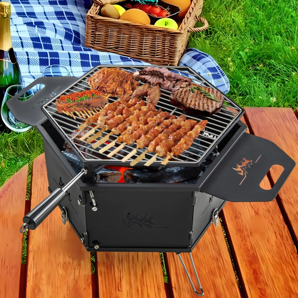 Barbecue a carbone portatile con griglia girevole a 360¡ãcorpo e gambe pieghevoli, Grill hibachi da esterno 77x74x38cm-Accessori per barbecue