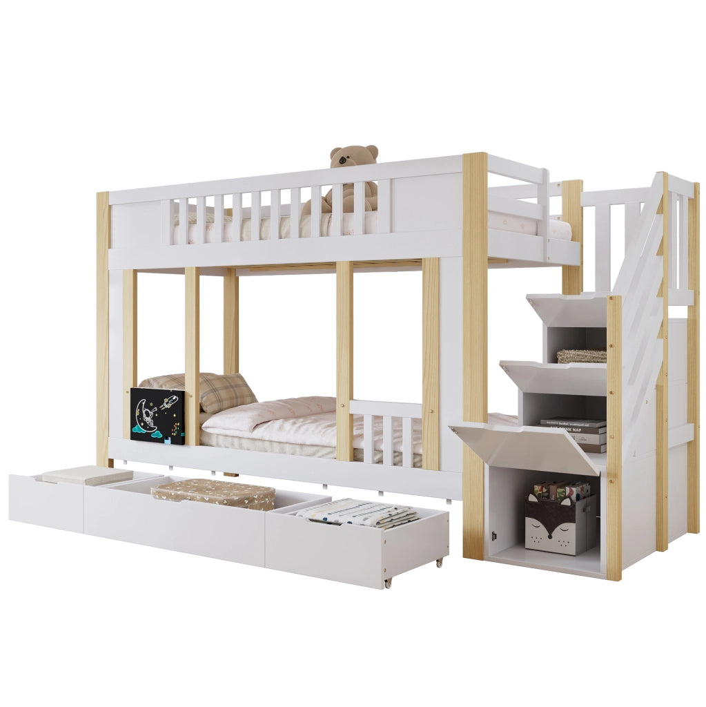 Letto a castello per bambini 90x200 cm con scala contenitore, 3 cassetti e lavagnetta, bianco e naturale