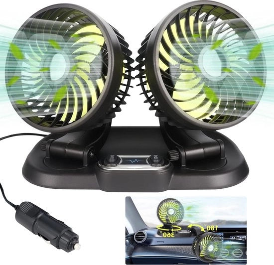 Ventilatore di auto 12 V a doppia testa - girevole 360 gradi - 2 velocità - accendino per sigarette - ventilatore per auto - autoventilatore - bestelloader - SUV - camper - autoportata