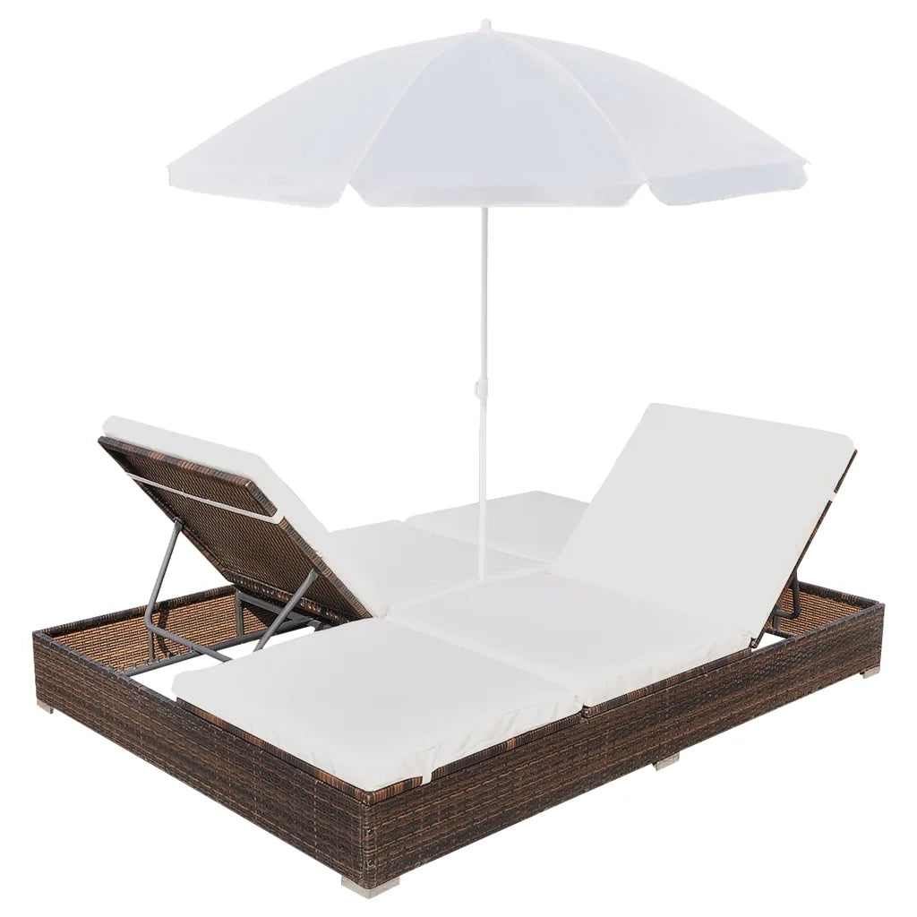 Lettino Prendisole con Ombrellone in Polyrattan Marrone 42949