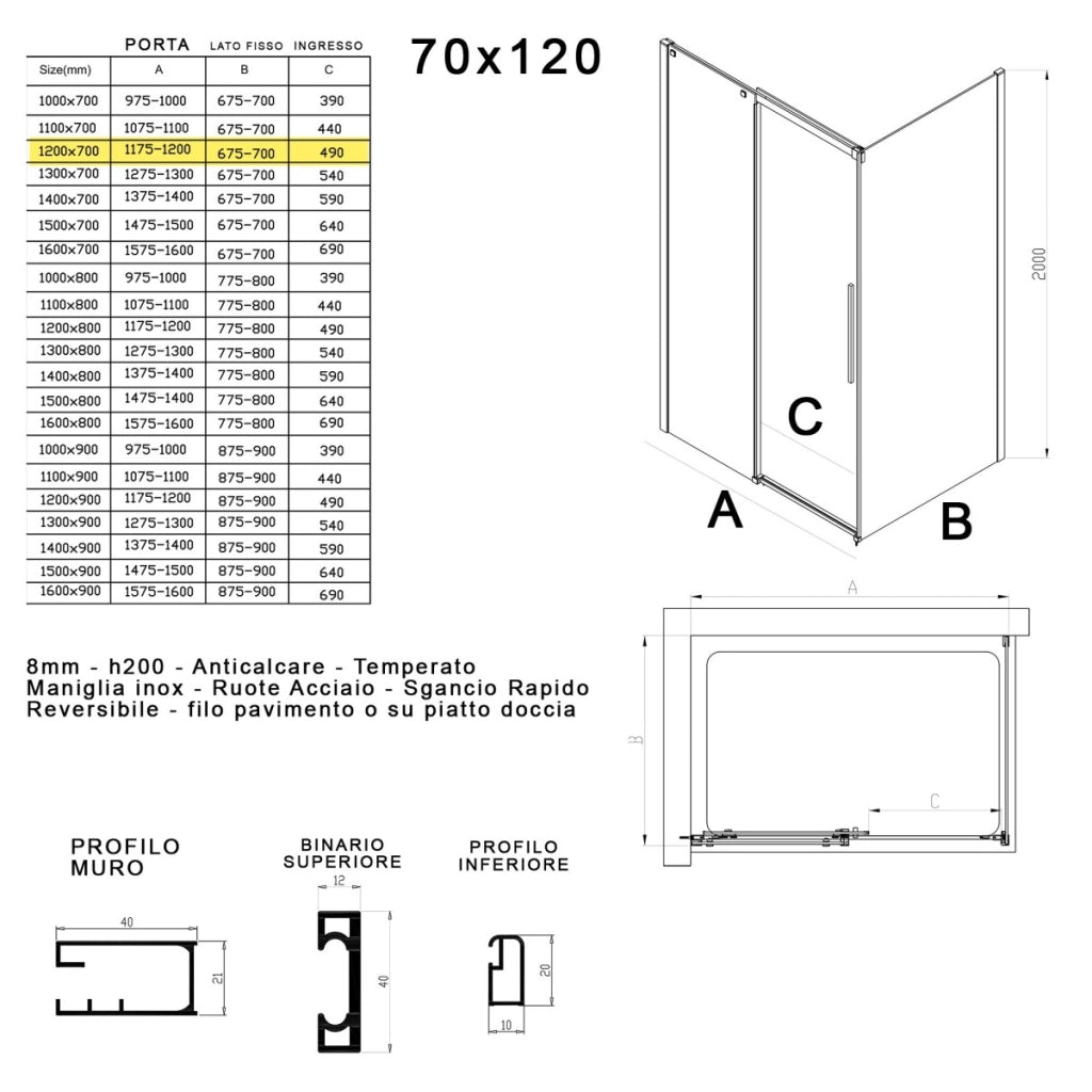 Box doccia due lati in cristallo 8mm h200cm anticalcare target, misura 70x120