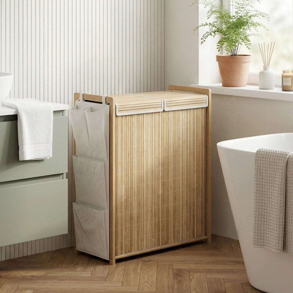 Cesto portabiancheria in bamb¨´ con sacco estraibile e tasche laterali ¨C Xylo ¨C 120L naturale