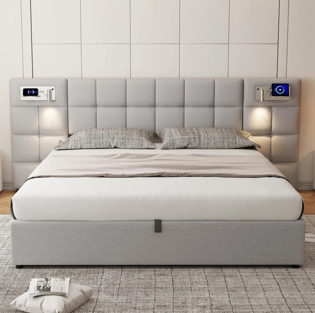 Letto matrimoniale imbottito 180x200 cm con sollevamento idraulico; USB; ricarica wireless e luce; grigio