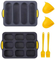 Forme per baguette francese in silicone, forma per pane in silicone, mini forme per baguette, 4 forme per baguette francese in silicone a rilievo, 9 forme per pane con pennello per ungere, molto adatto