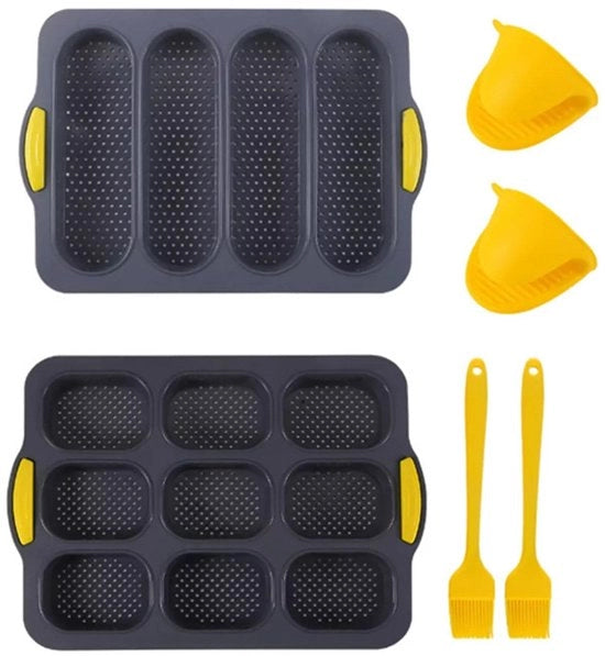 Forme per baguette francese in silicone, forma per pane in silicone, mini forme per baguette, 4 forme per baguette francese in silicone a rilievo, 9 forme per pane con pennello per ungere, molto adatto