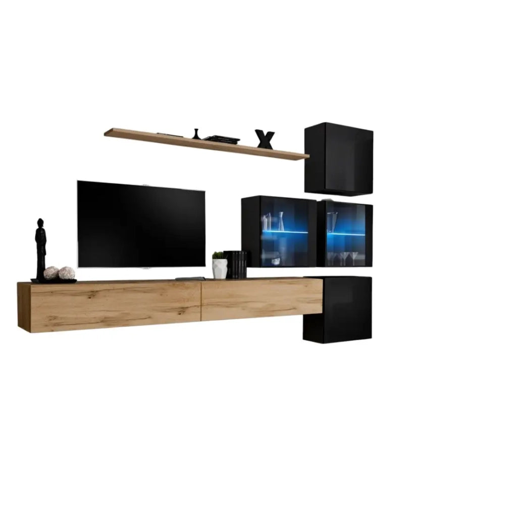 Set di mobili da soggiorno SWITCH XIX design, colori quercia Wotan e nero lucido.