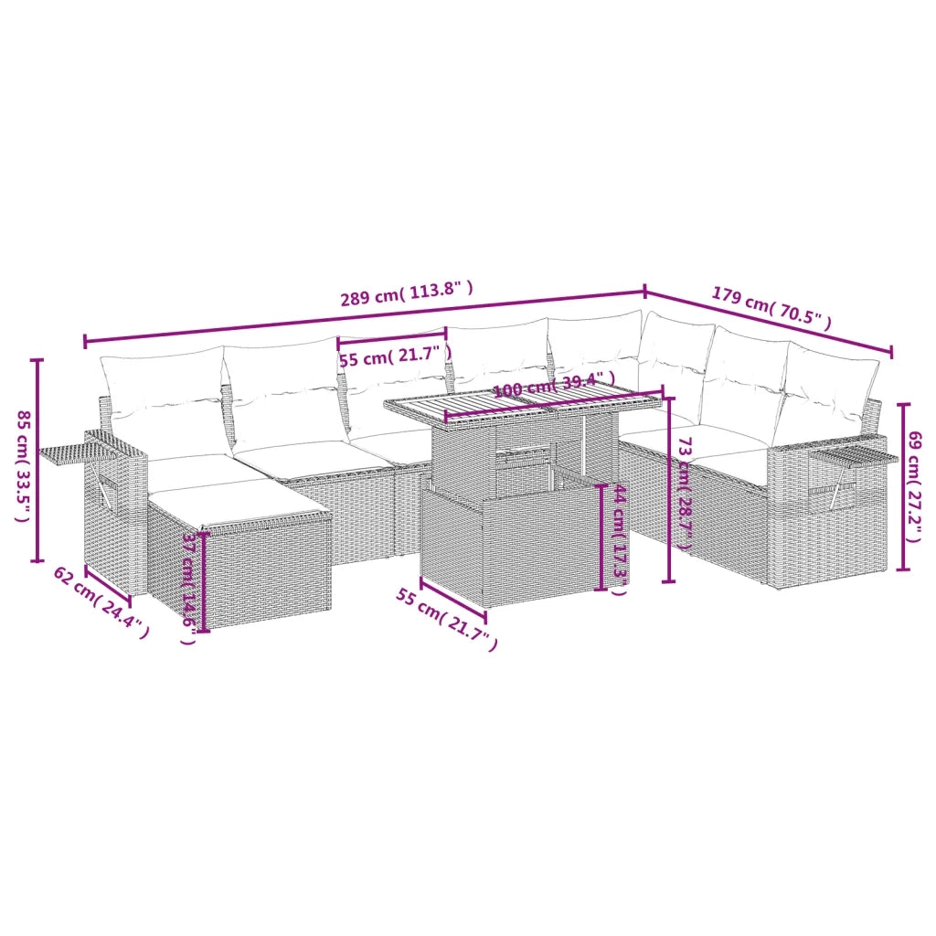 Set Divano da Giardino 9 pz con Cuscini Beige in Polyrattan