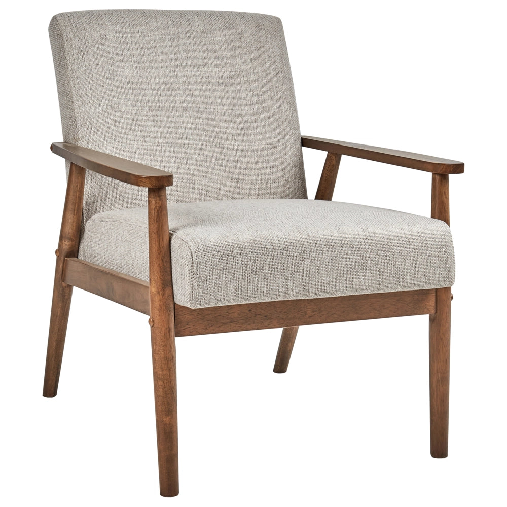 Poltrona da salotto con rivestimento in tessuto grigio scuro con struttura in legno stile retrò