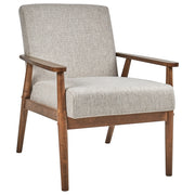 Poltrona da salotto con rivestimento in tessuto grigio scuro con struttura in legno stile retrò