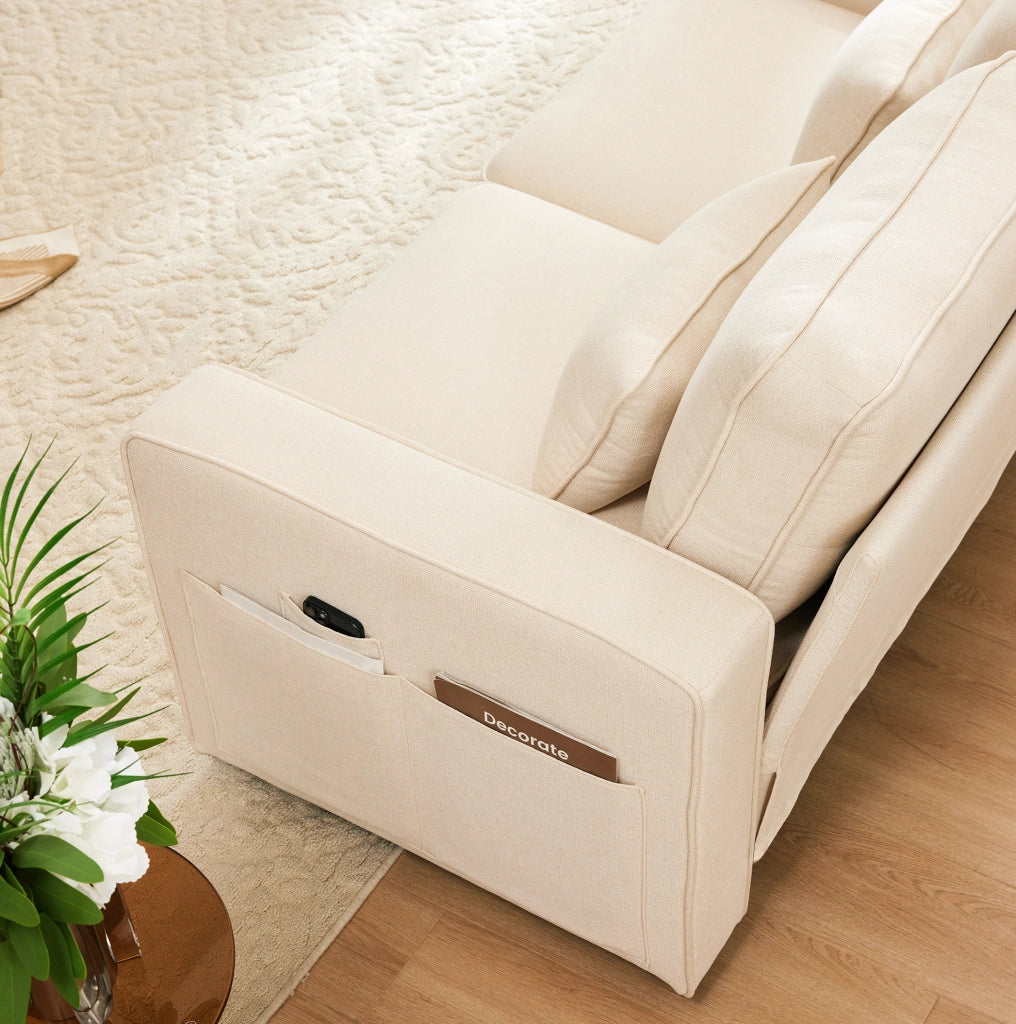 Divano 4 posti con consolle; 2 portabicchieri e porta USB; effetto lino beige