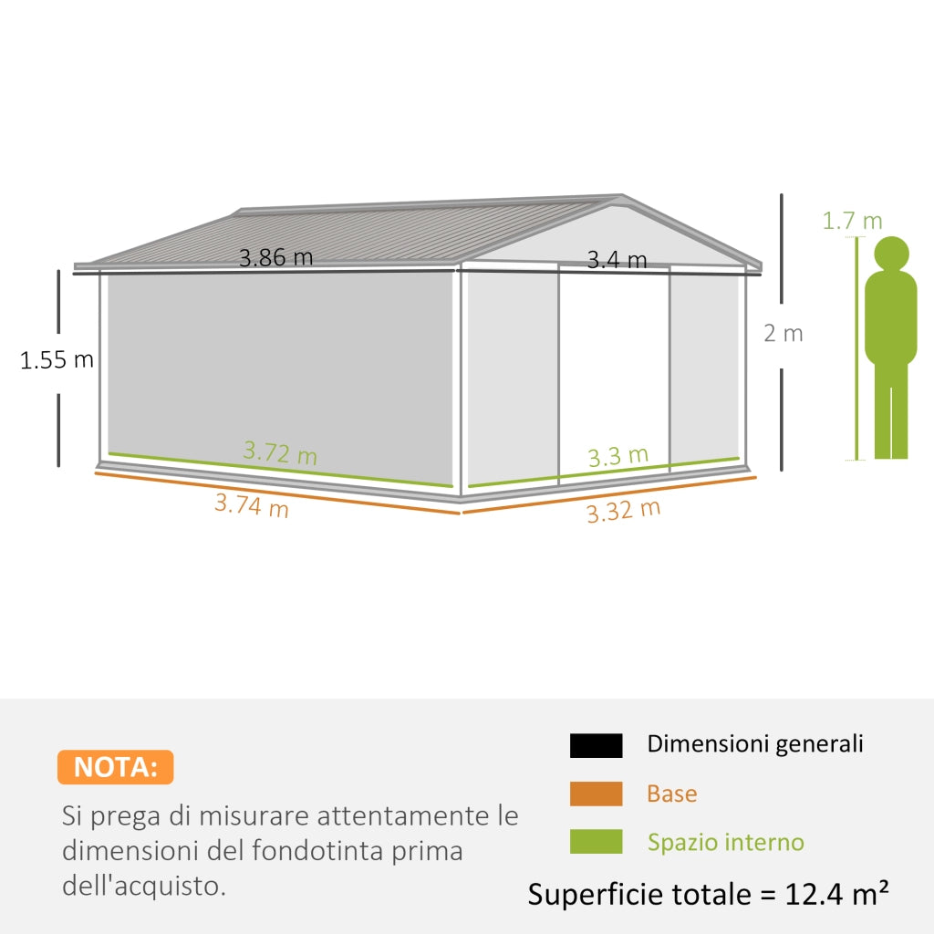 Casetta da Giardino 3.4x3.8x2 m in Acciaio con Doppia Porta Scorrevole e Tetto Inclinato, Argento