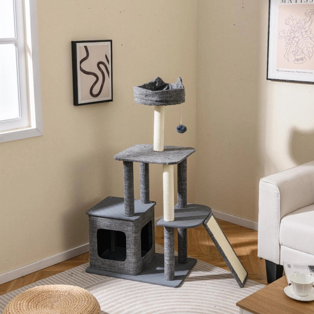 Albero per gatti interno 117 cm torre con tiragraffi in sisal e condominio, Mobili con giochi appesi e piattaforma versatili-Alberi Tiragraffi