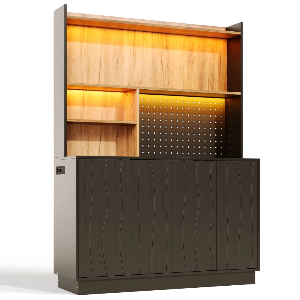 Mobile da cucina con LED RGB e prese USB; 120x43x160 cm in MDF nero e naturale