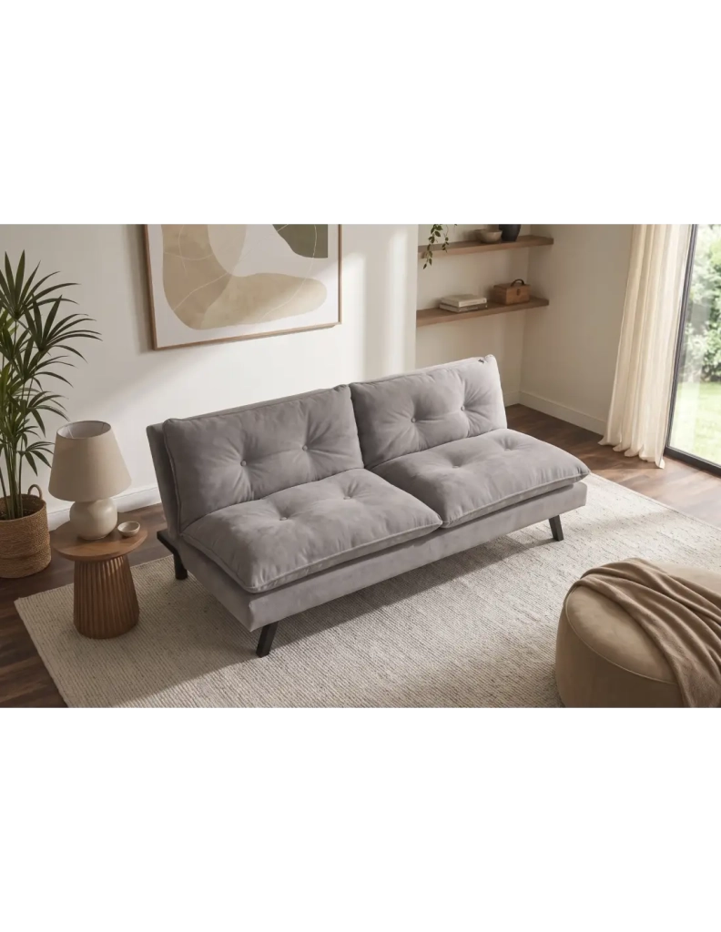 Divano letto AZENA 3 posti in tessuto ciniglia – Beige e nero – 190 x 80 x 90 cm