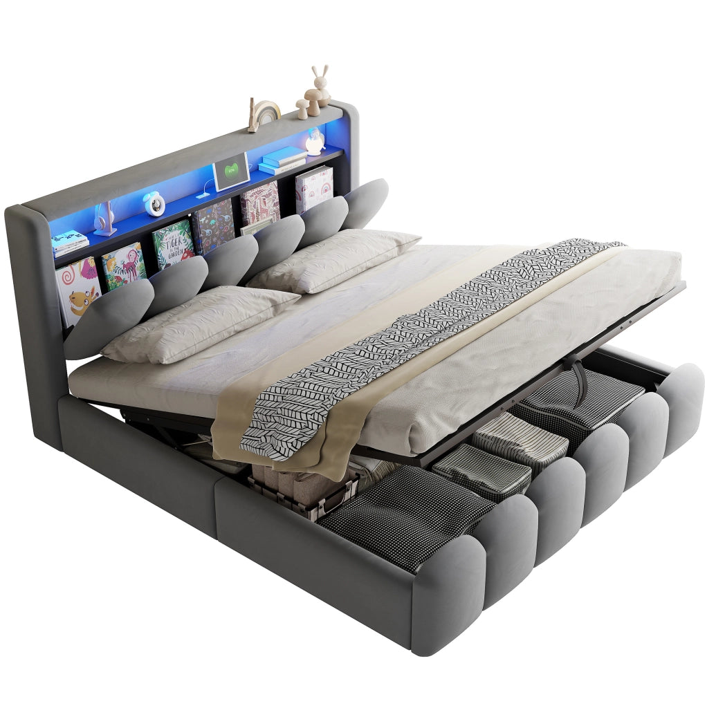 Letto matrimoniale imbottito 180x200 cm in velluto grigio con LED; USB; Type-C e contenitore
