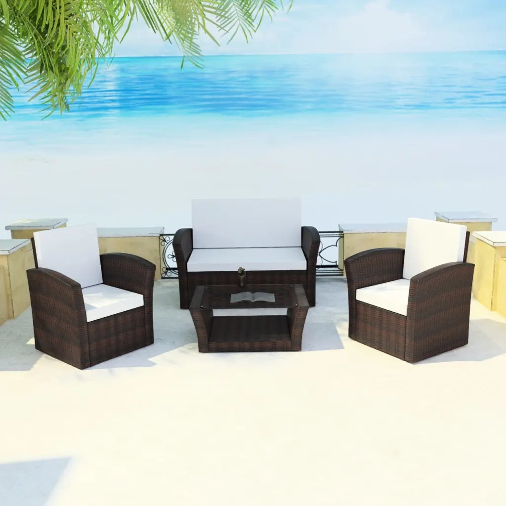Set Divani da Giardino 4 pz | Set Salotto da Giardino con Cuscini in Polyrattan Marrone