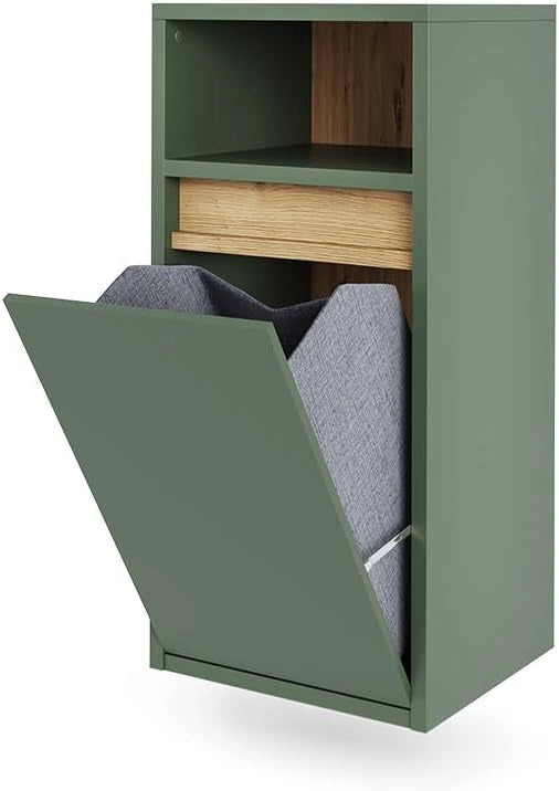 Mobiletto da bagno Viola, Verde/Artigianale, 38 x 80 cm con cesto portabiancheria