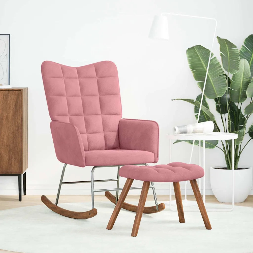 Poltrona a Dondolo con Poggiapiedi Rosa in Velluto 4016847
