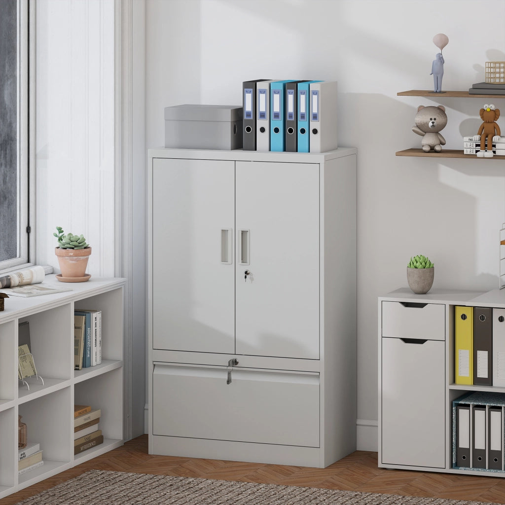 Mobile da Ufficio in Acciaio con Ripiano Interno Regolabile e Cassetto, 80x40x130 cm, Bianco