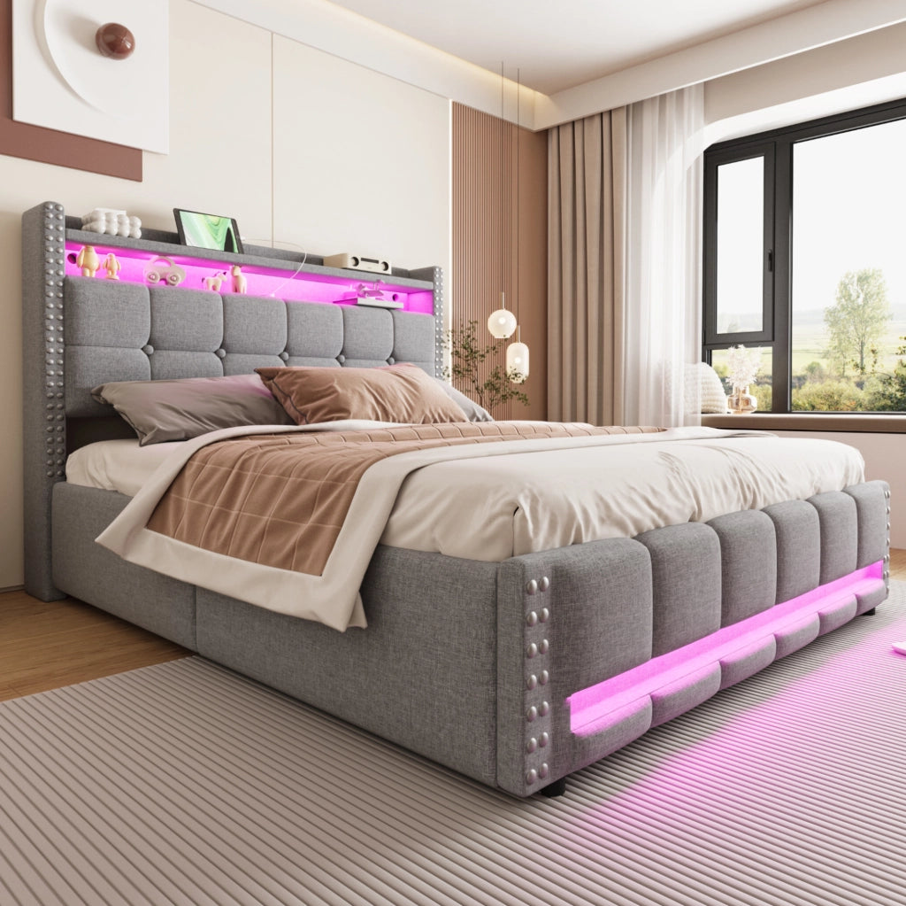 Letto imbottito 160x200 cm con LED, USB e vano contenitore