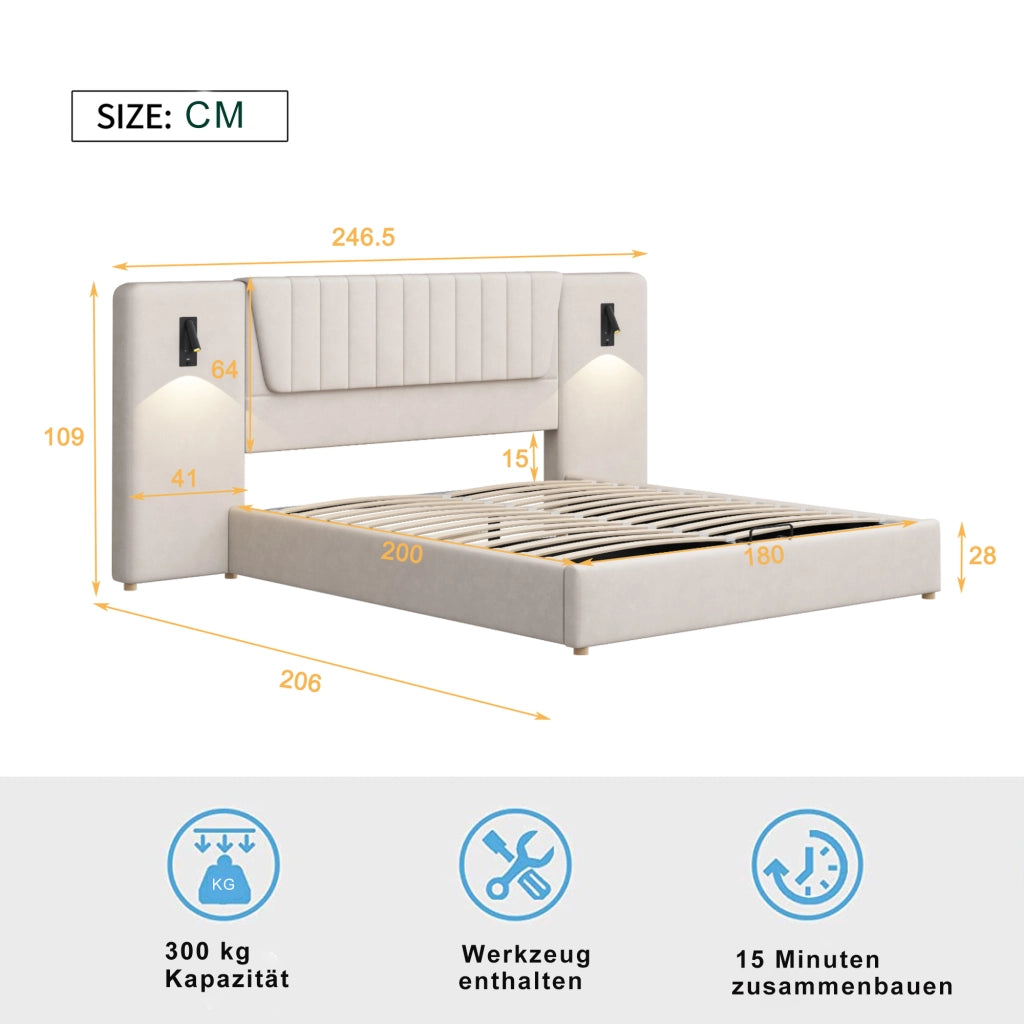 Letto Contenitore 180x200 cm; Matrimoniale; con Lampade Orientabili; USB; Velluto Beige