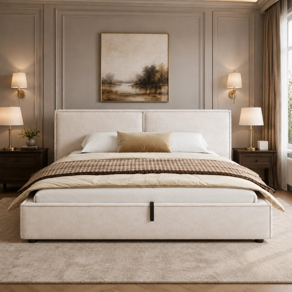 Letto Contenitore 180 x 200 cm - Testiera Imbottita e Vano Contenitore - Beige