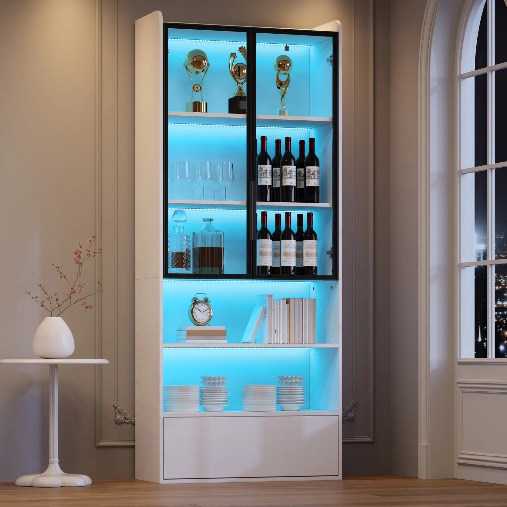 Vetrina alta con led e 1 cassetto con 6 vani e ante in vetro per soggiorno in mdf e vetro bianco 80 × 34 × 180 cm